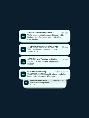 Close-up of phone notification bubbles displaying crypto updates, messages, and financial figures against a dark background.