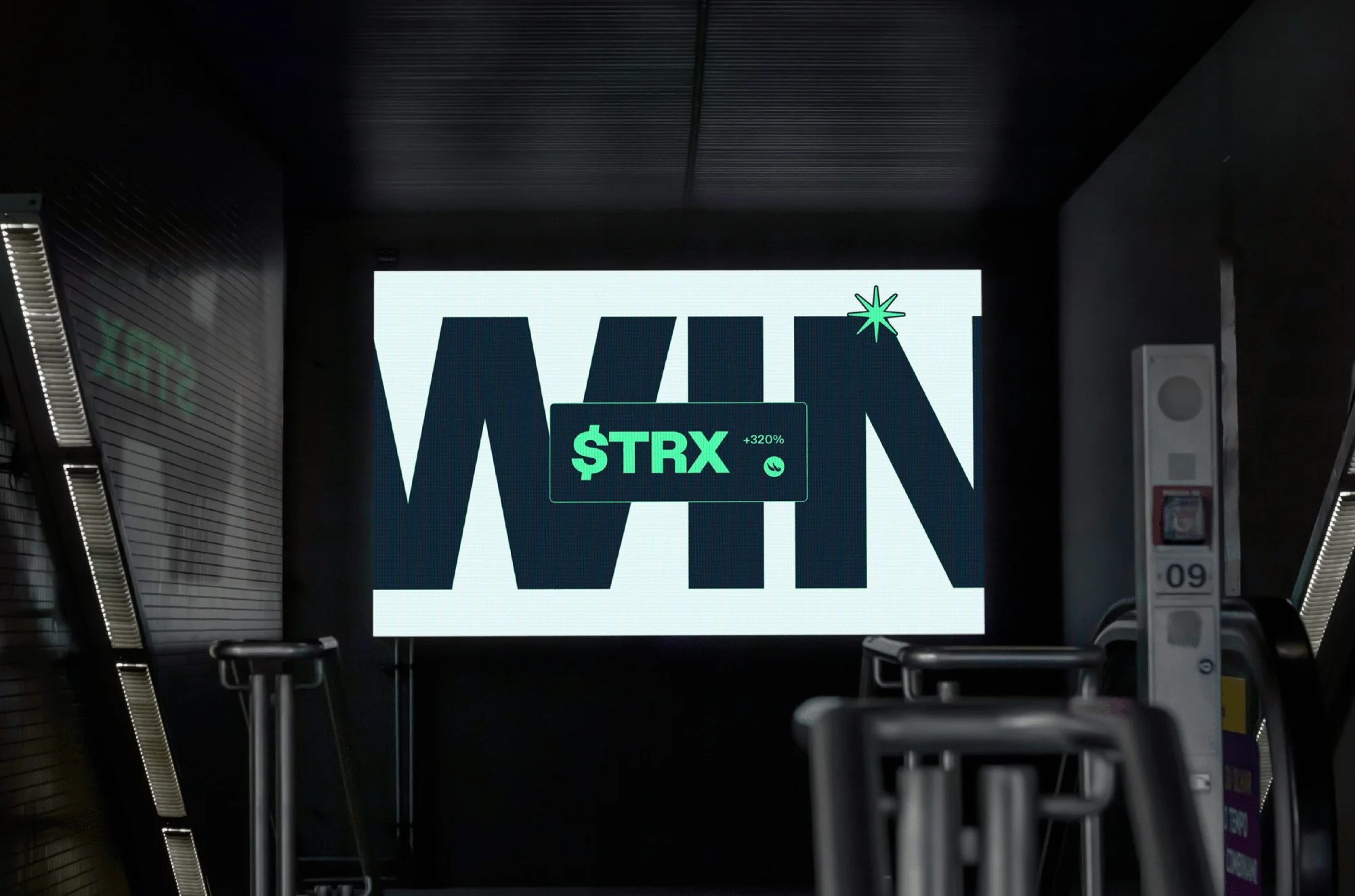Illuminated digital display in an indoor setting features the word WIN and a graphic symbol for the cryptocurrency TRX.