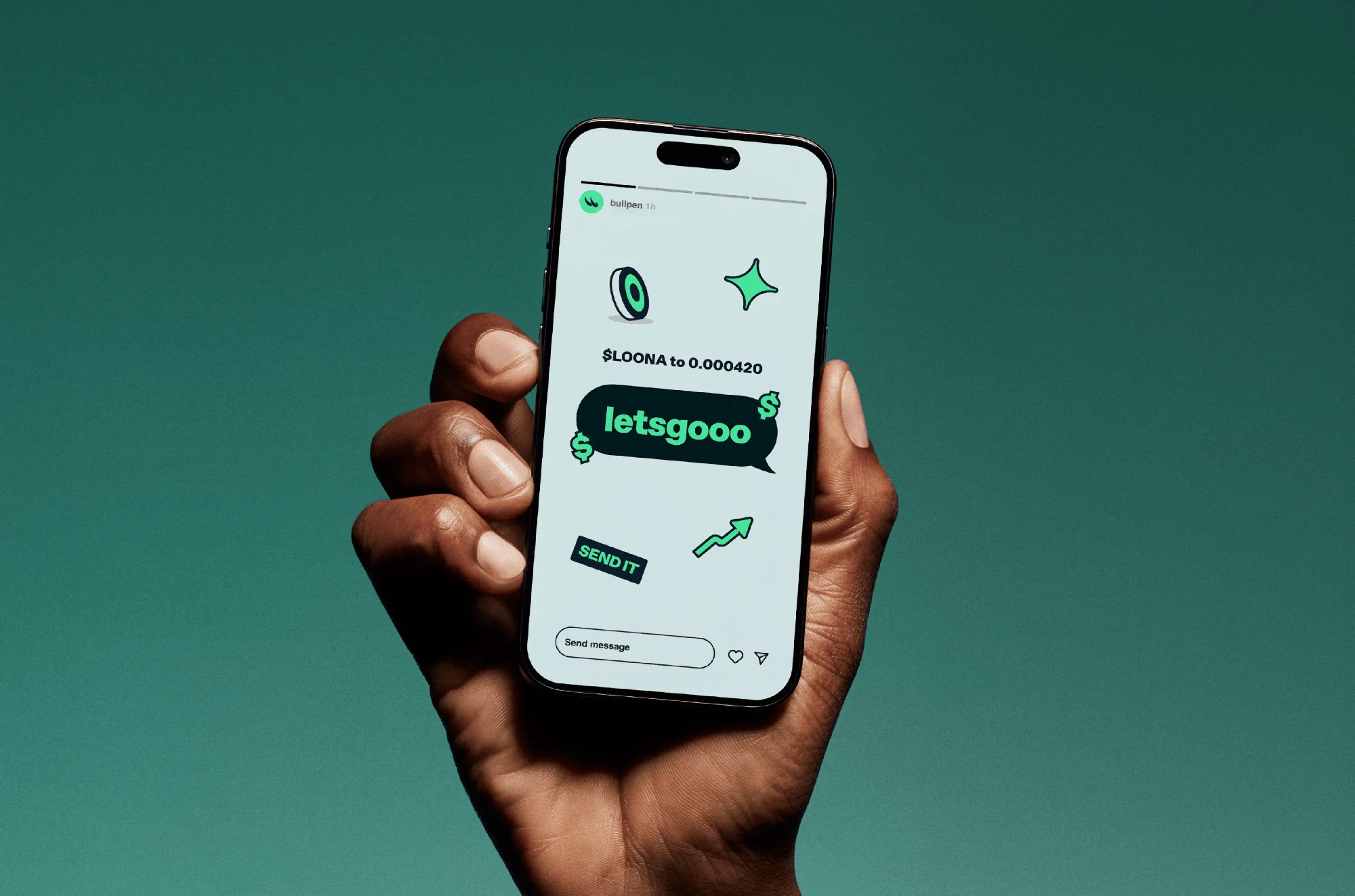 A person holds a smartphone displaying a screen with a green background and digital graphics against a green studio backdrop.