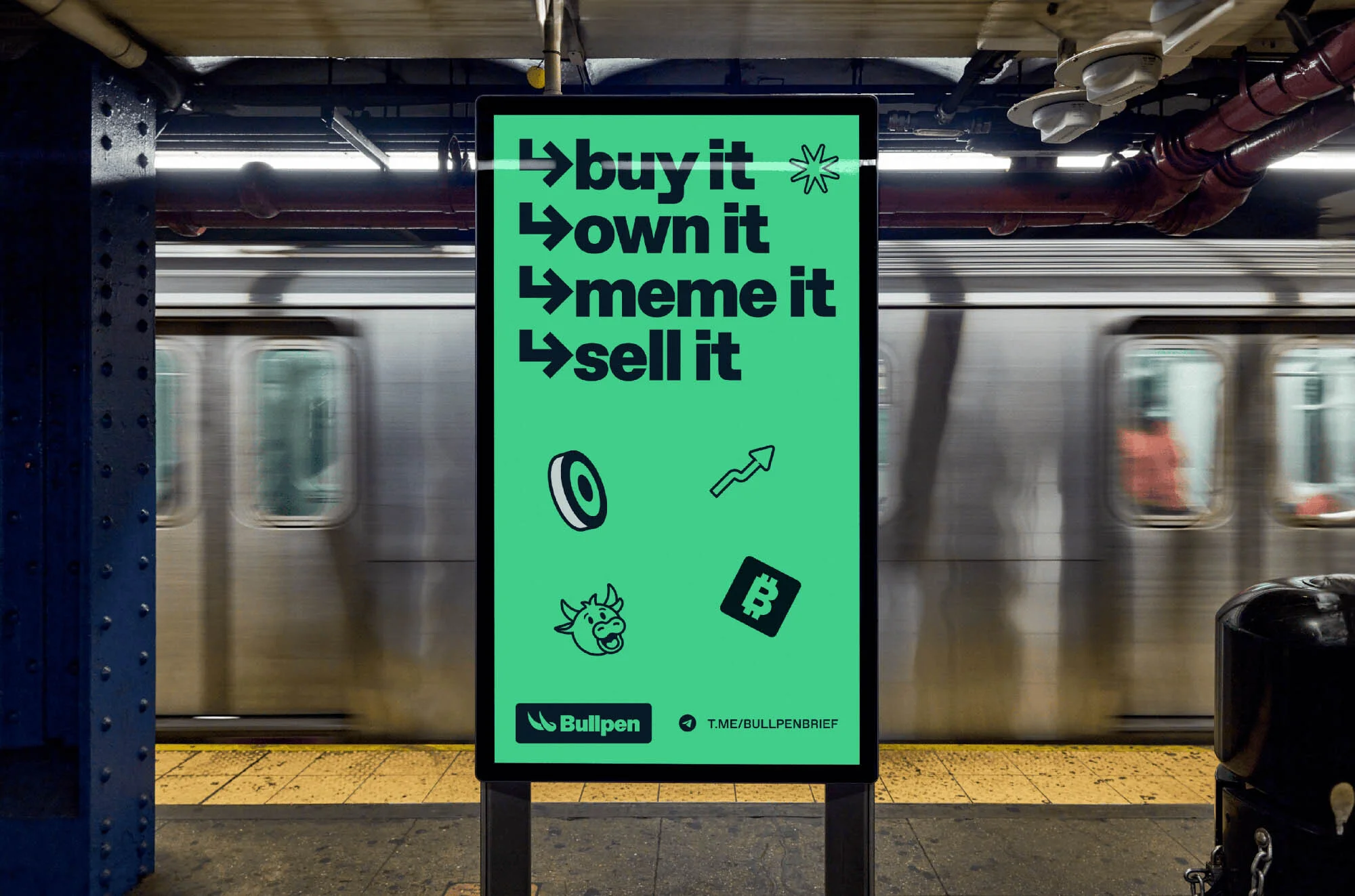 Eye-level shot of a modern digital billboard with financial crypto-currency advertisement in a subway station with blurred train.