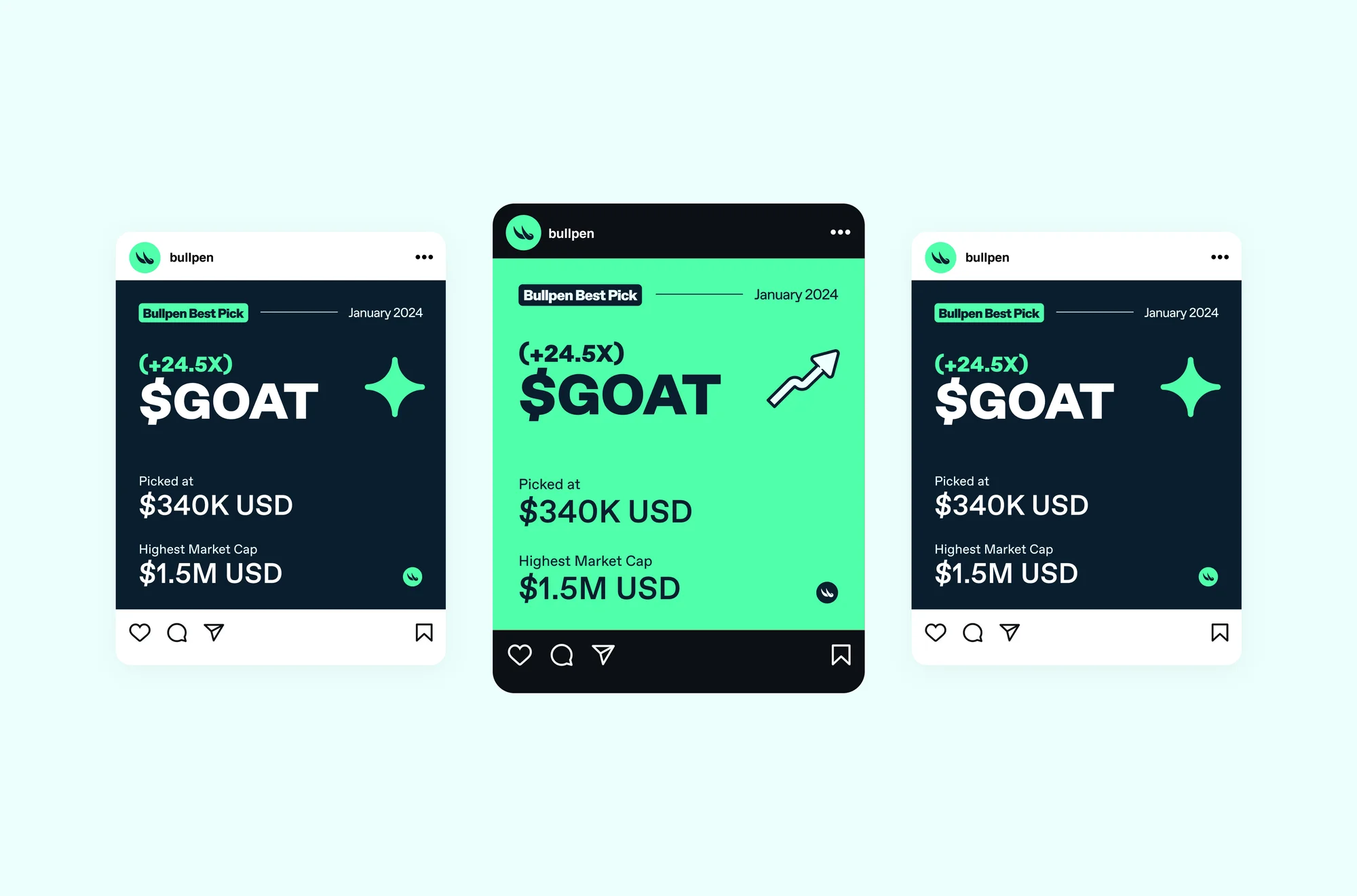 Three digital screen mockups featuring the same financial data in a light teal and dark teal color scheme. Modern cryptocurrency data.