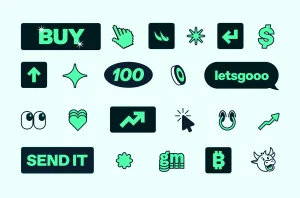 Collection of mint green and dark navy graphic icons, badges, and symbols including arrows, dollar sign, and text bubbles on pale background
