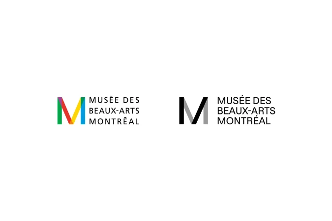 Montreal Museum of Fine Arts logo featuring a stylized 'M' in multiple colors and a monochrome version of the same logo.