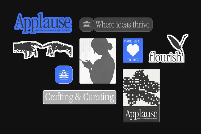 A collection of app logo designs, text elements, and graphics in a modern, vector style, showcasing various branding and design concepts.