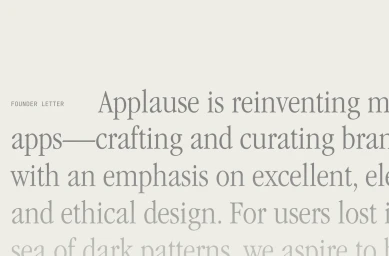 Typography layout featuring serif headings and text on a light background for the Applause brand identity project by Studio Freight.