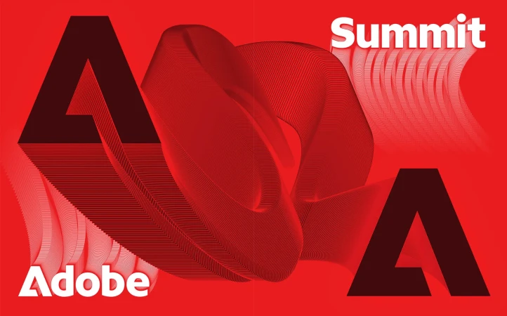 Abstract graphic design features Adobe logo in red with 'Summit' text, creating a bold, modern visual for technology or design branding.