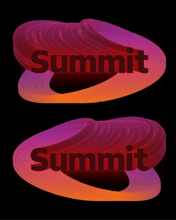 Abstract digital art featuring stacked wireframe structures, purple to orange gradient, and the word 'Summit' against a black backdrop.
