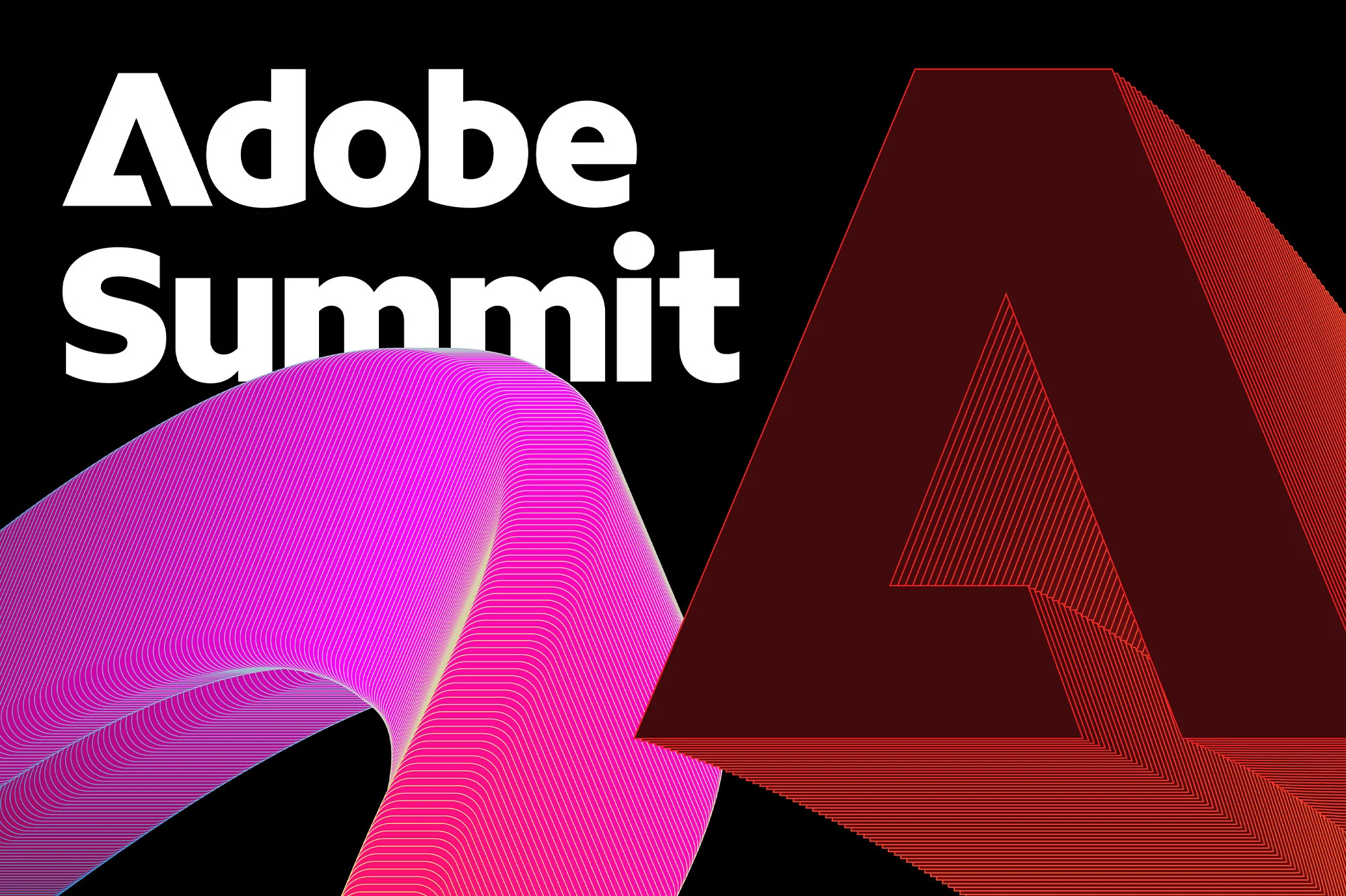 Adobe Summit graphic with the words 'Adobe Summit' in white and abstract letter 'A' designs in magenta and red against a black background.