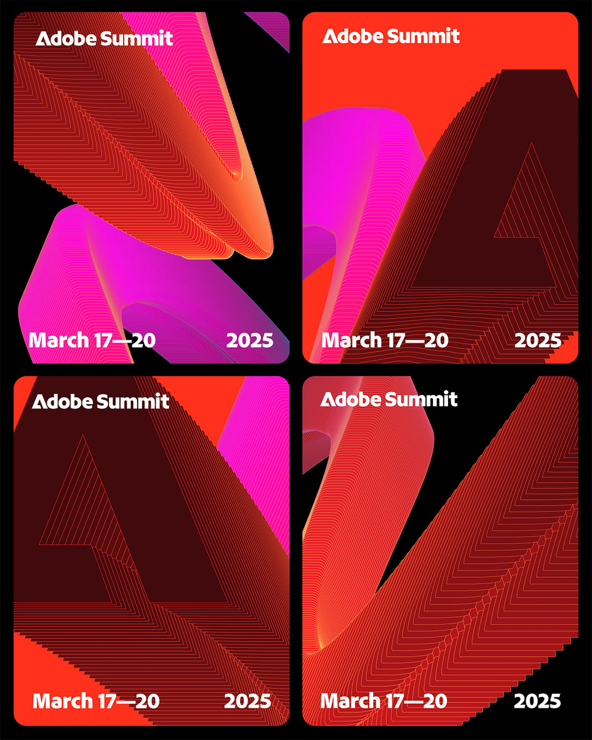 Abstract Adobe Summit ad featuring colorful graphic design elements in hues of orange, red, and pink, set against a black background.