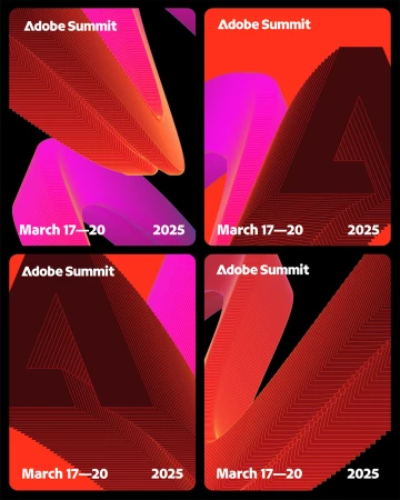 Abstract Adobe Summit ad featuring colorful graphic design elements in hues of orange, red, and pink, set against a black background.