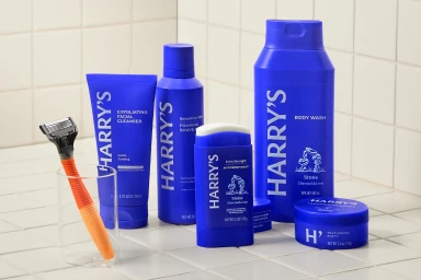 Harrys grooming products including blue bottles and tubes arranged on a tiled white bathroom surface next to a razor