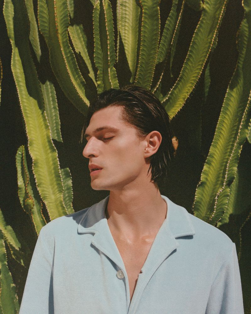 Portrait of a light-skinned adult male with dark hair, wearing a light blue collared shirt, posing in front of a green cactus.