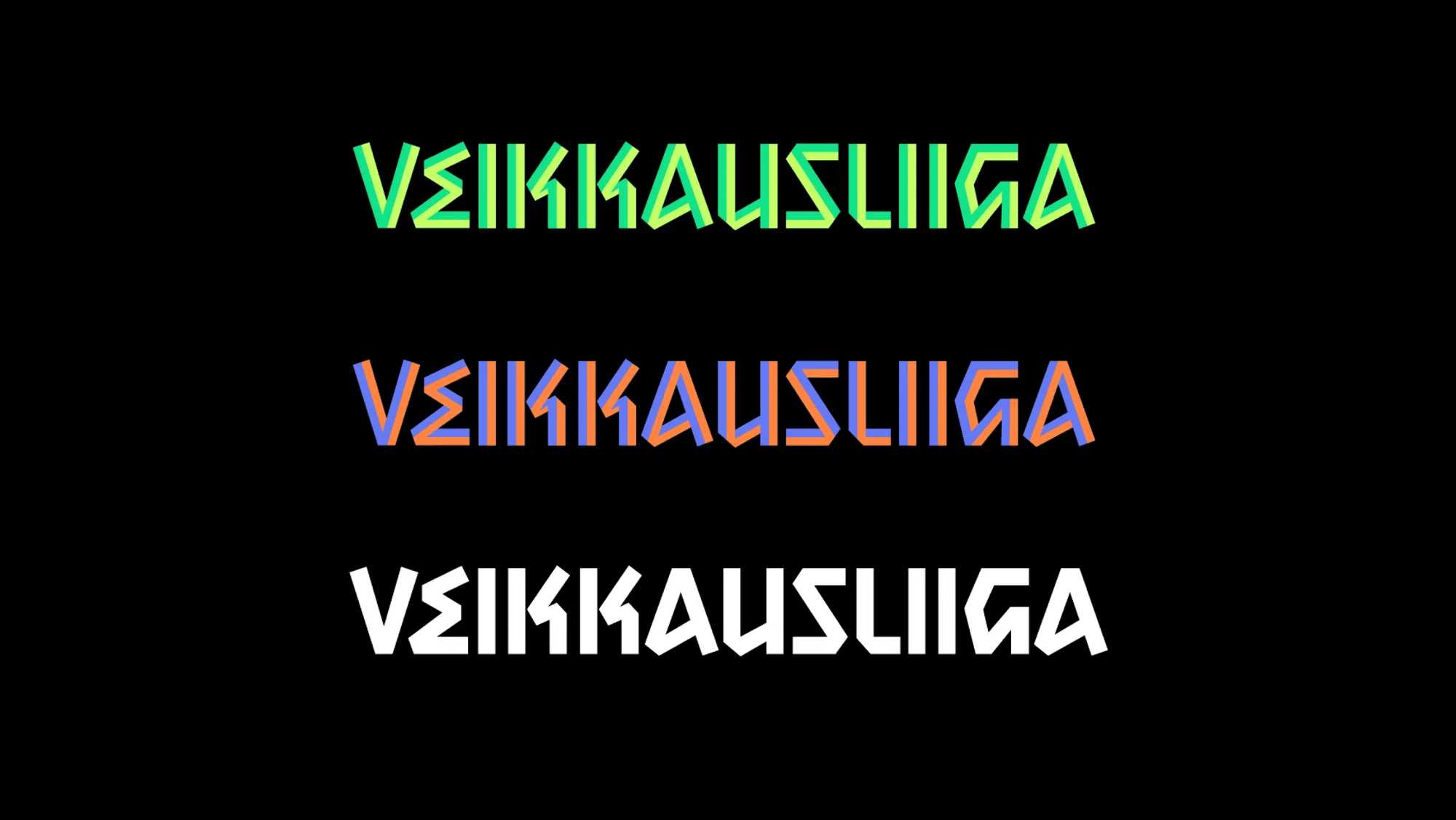 Abstract typographic art featuring the word "VEIKKAUSLIIGA" in three different color schemes on a black background.