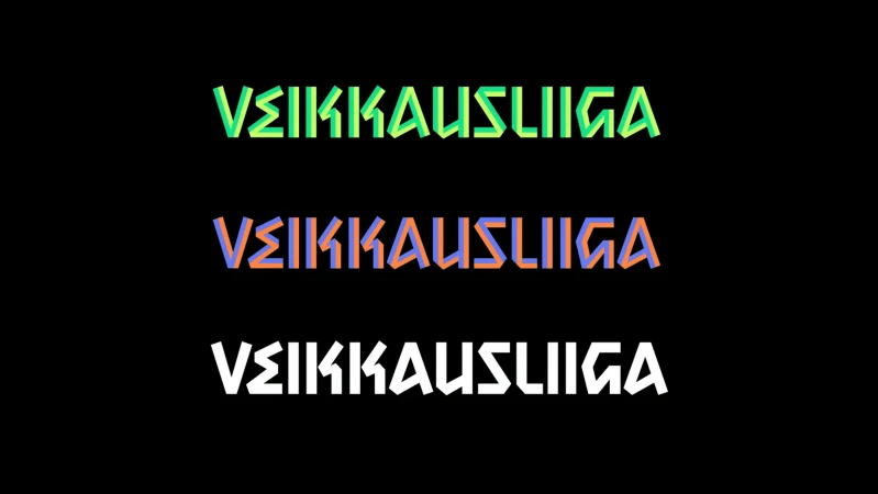 Abstract typographic art featuring the word "VEIKKAUSLIIGA" in three different color schemes on a black background.