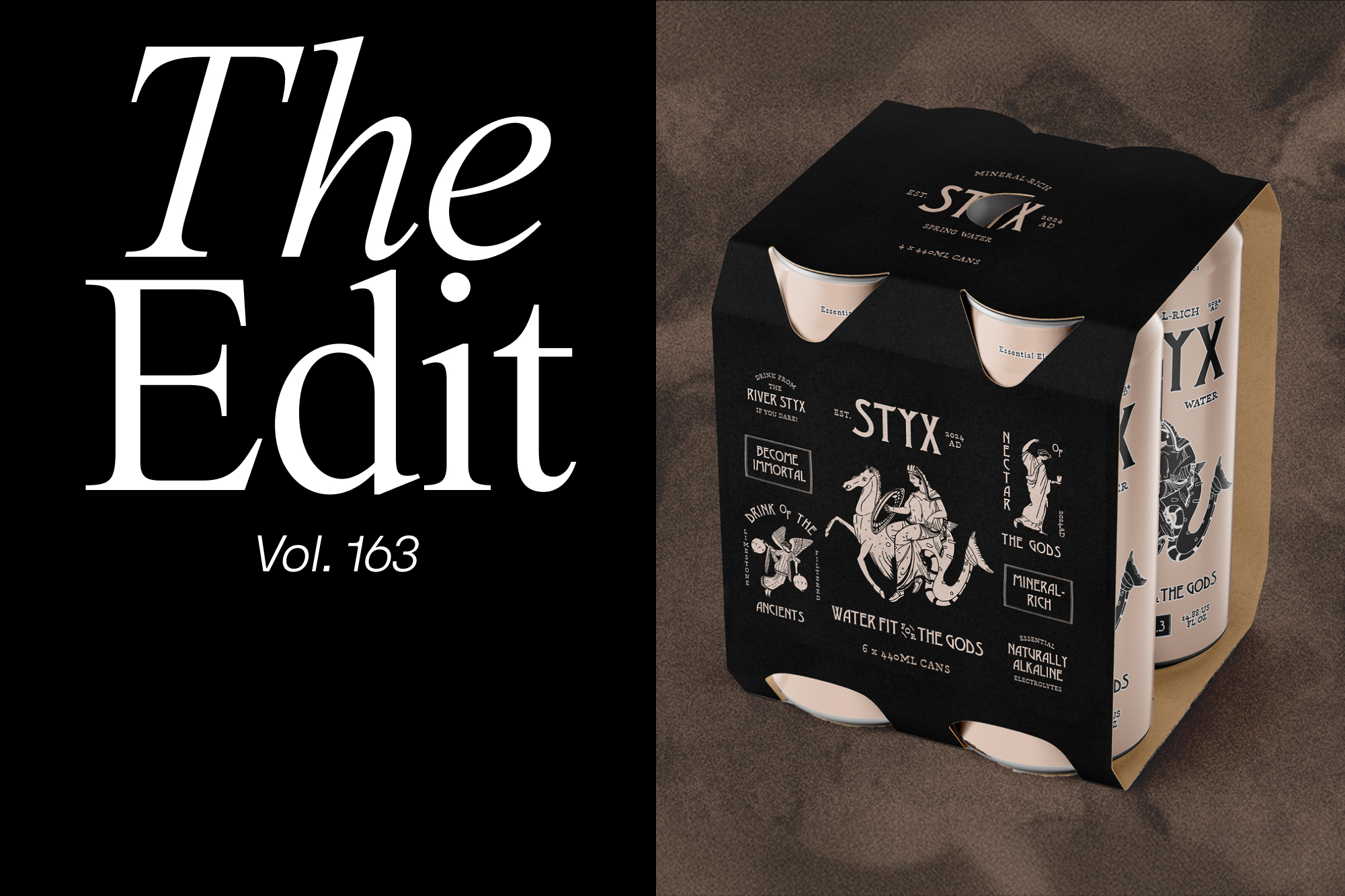 Styx mineral water six-pack with black packaging on a textured brown surface, alongside 'The Edit Vol. 163' in bold white text.