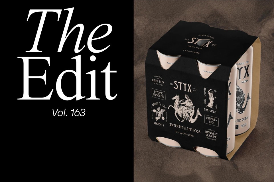 Styx mineral water six-pack with black packaging on a textured brown surface, alongside 'The Edit Vol. 163' in bold white text.
