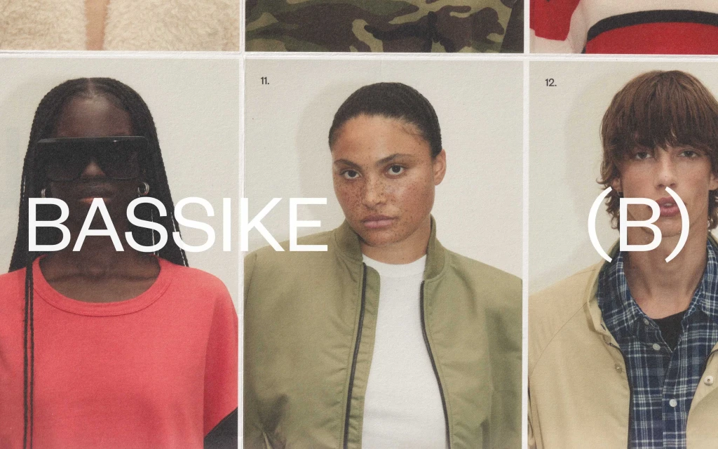A collage-style fashion advertisement featuring three models wearing apparel from Bassike. The brand name is printed on the image.