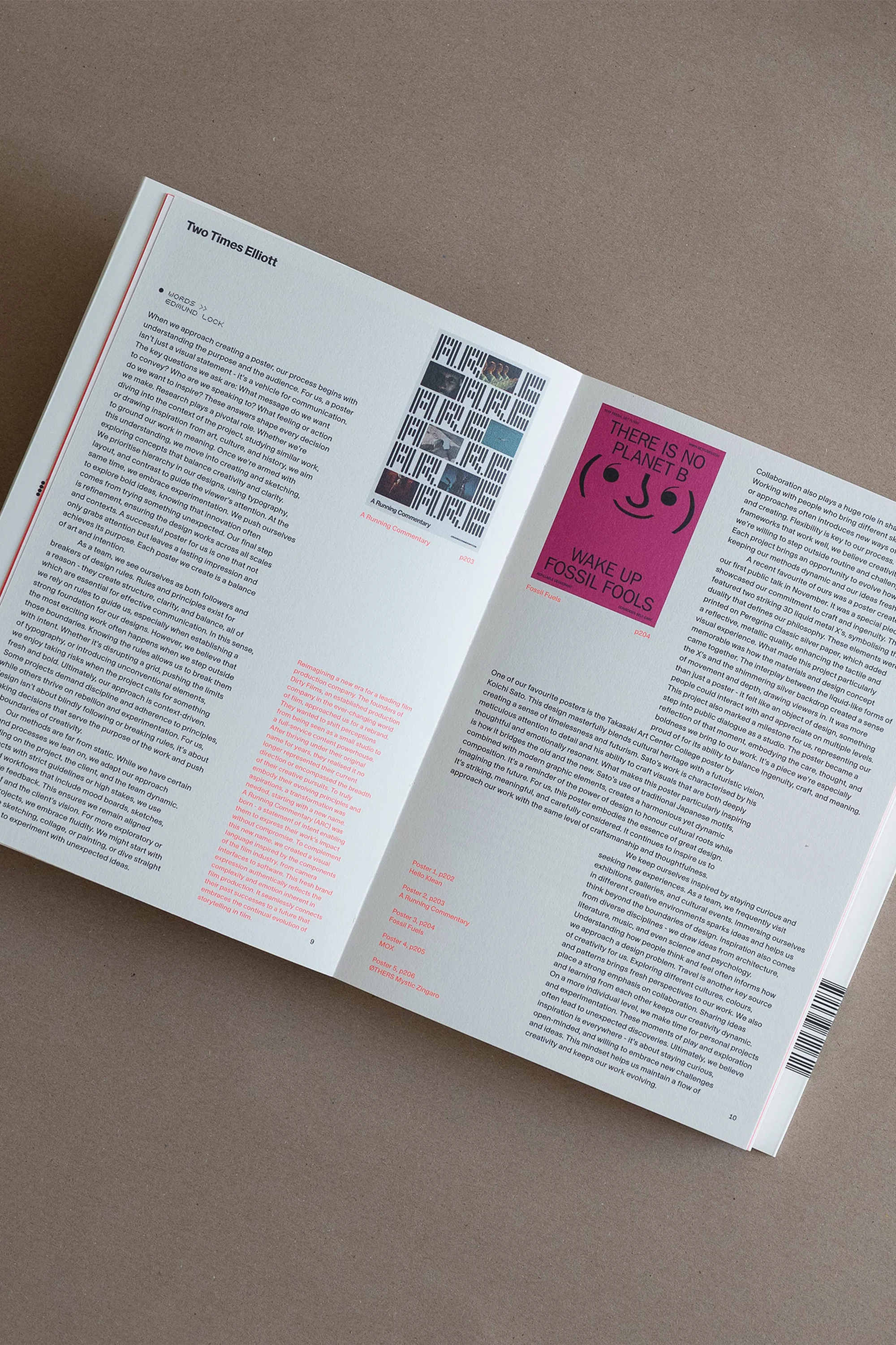 An open magazine displays articles and images, including a pink poster with a smiling face and climate change message.