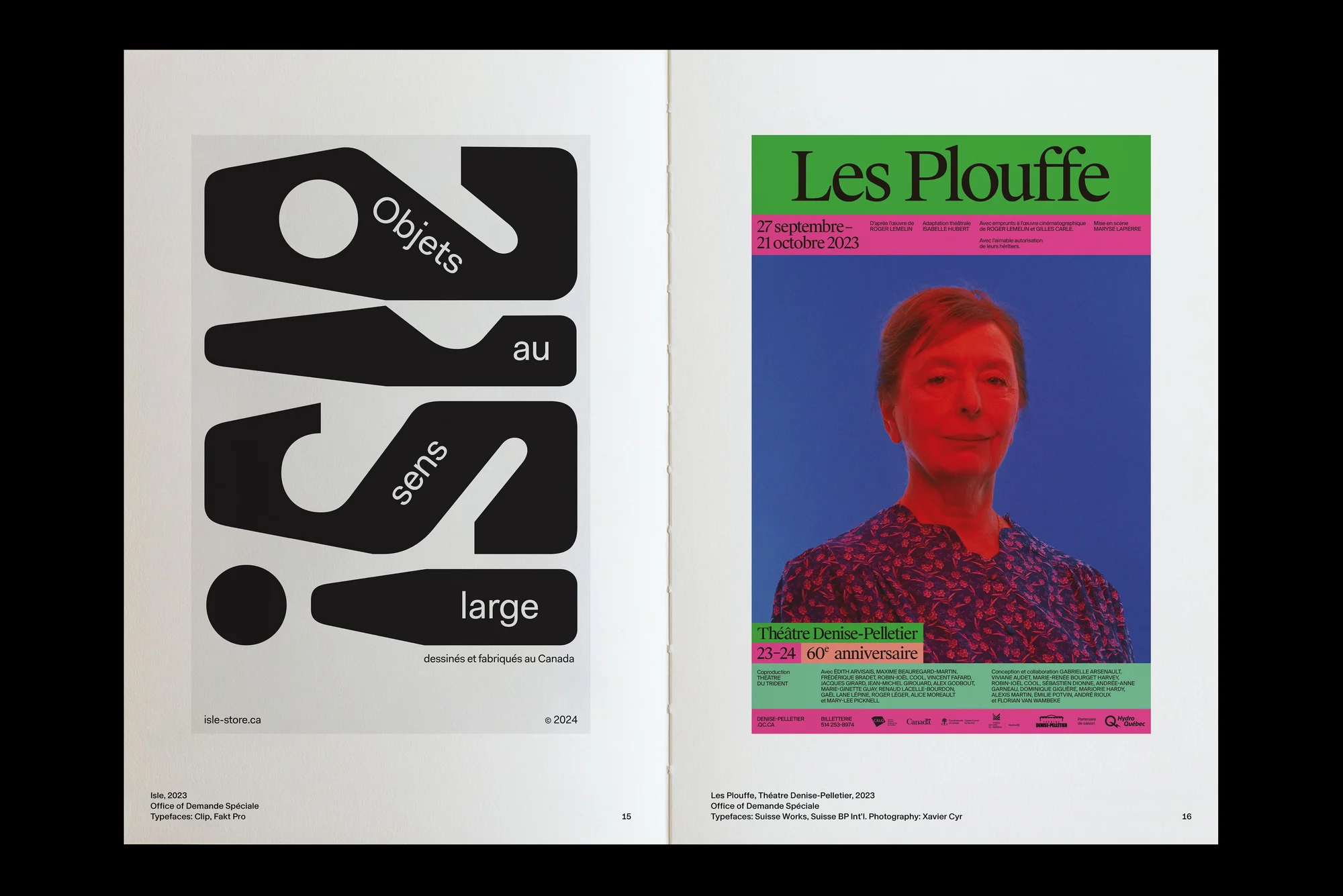 Two pages from an open magazine featuring graphic design posters, one in black and white and the other in a vividly colored design.