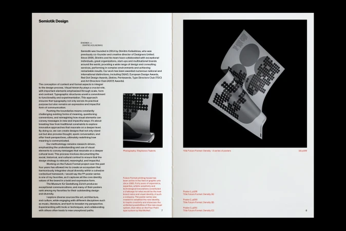 Open pages of a book displaying graphic design layouts with text and geometric shapes in black and white, showcasing a design portfolio.