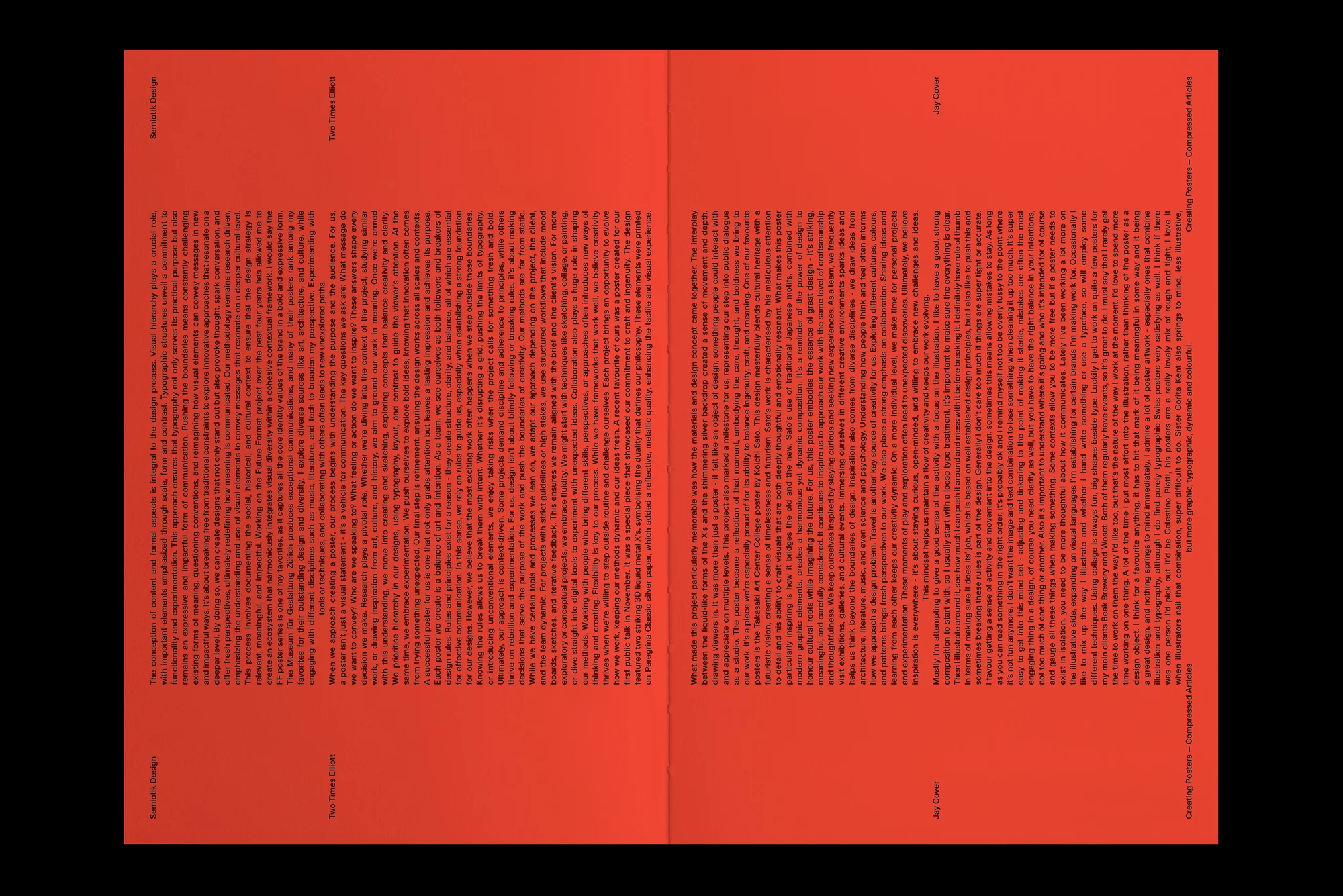 Open pages of a book with red paper displaying dense black text. The layout showcases a symmetrical design with text-heavy content.
