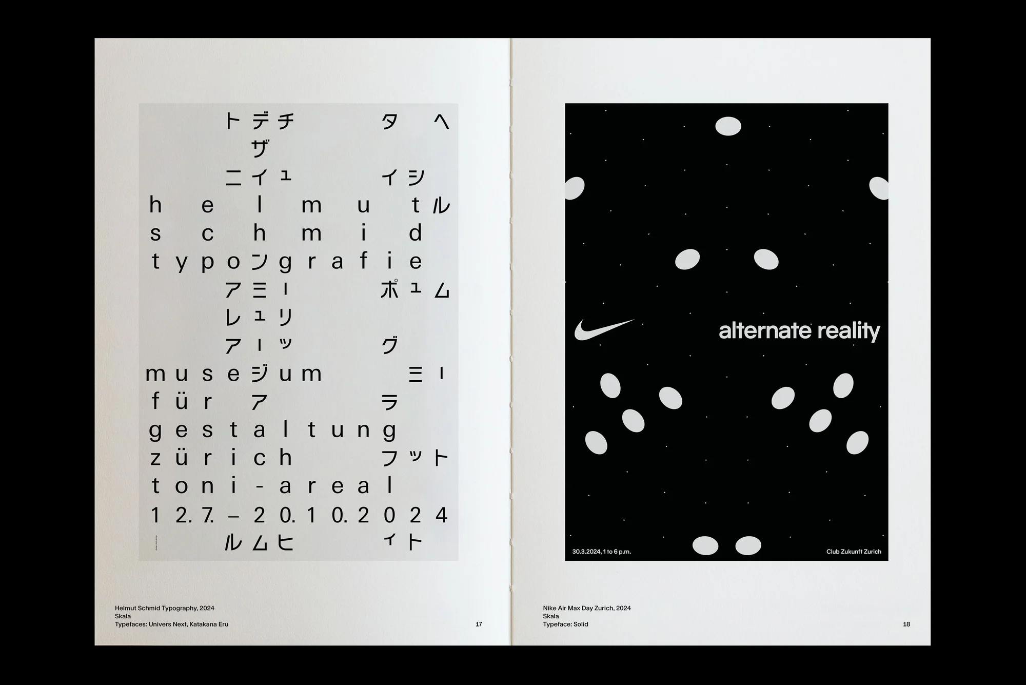 Two-page spread of a magazine or book featuring typographic design, black and white color palette, abstract patterns, and visual elements.