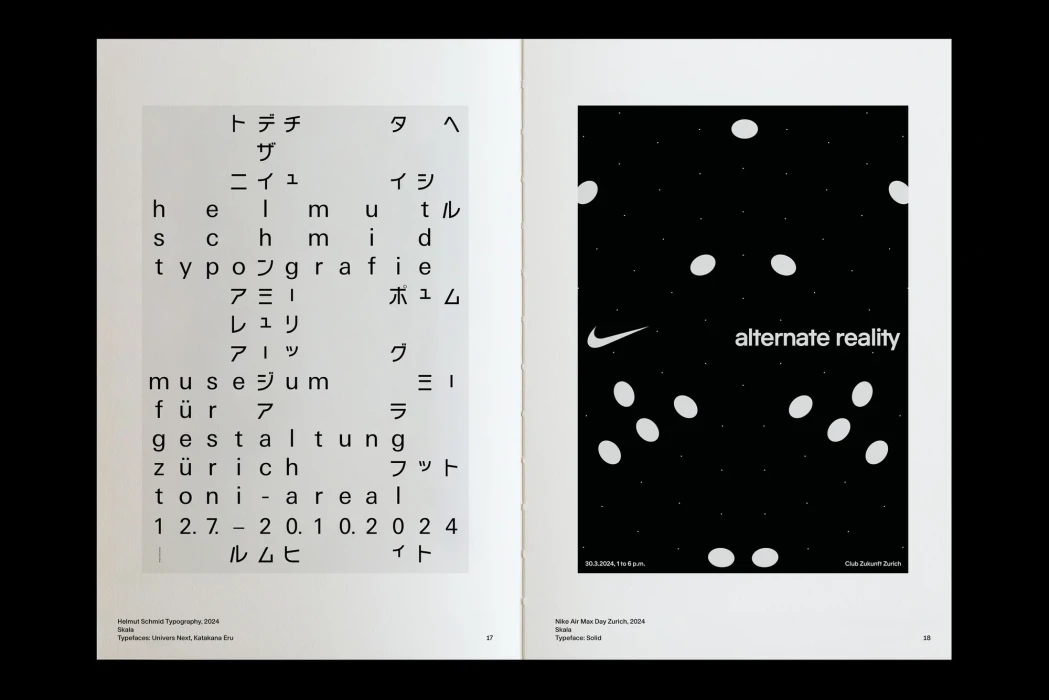 Spreading pages of a publication displaying bold typography and graphic black and white layout designs