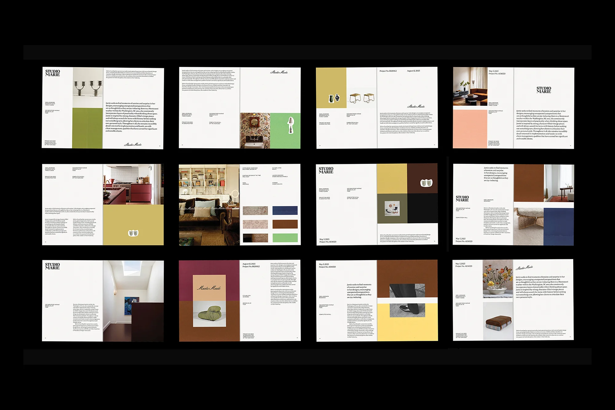 Brochure featuring interior design photography, color swatches, and Studio Marie branding elements across a series of page layouts.
