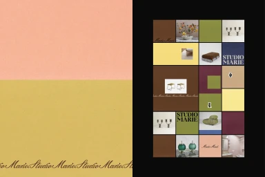 Brand identity collage by Studio Marie showing color blocks, interior objects, and typography across a grid layout