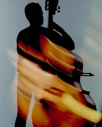 Silhouette of a musician playing a double bass with blurred motion streaks across the instrument.