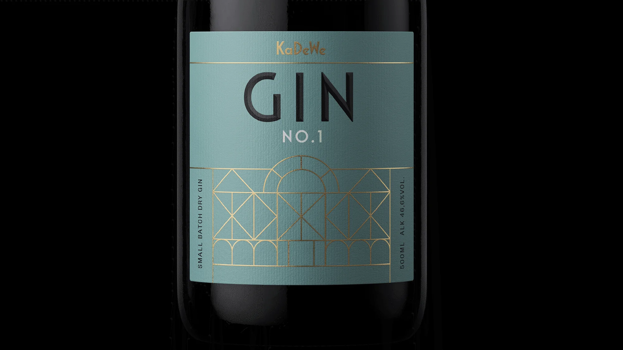A sleek, dark-bottled gin with a sophisticated teal and gold label, featuring geometric Art Deco-inspired designs, set against a black background.