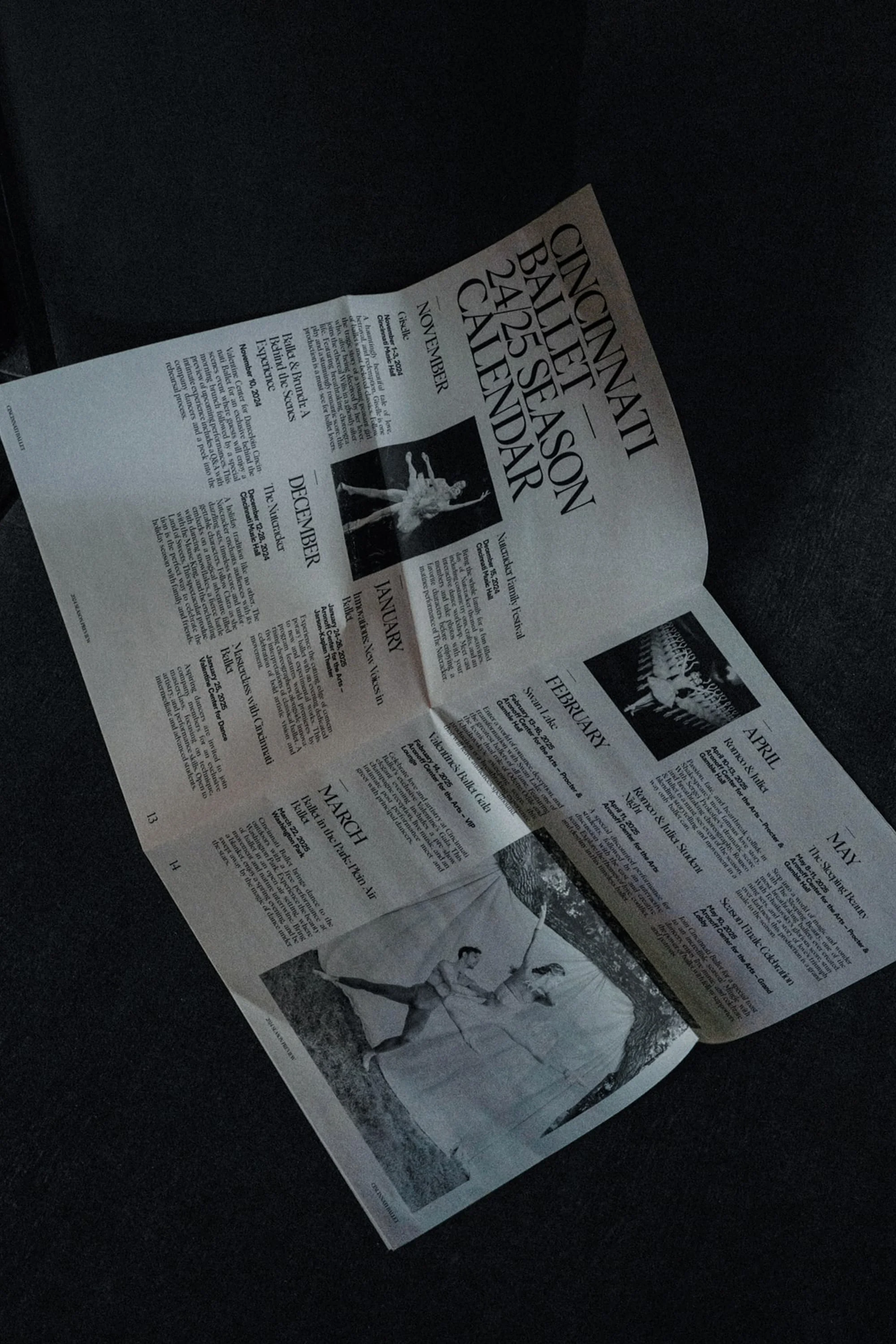 Cincinnati Ballet 24/25 season calendar featuring dancers in performance photos and event dates, on a textured surface.