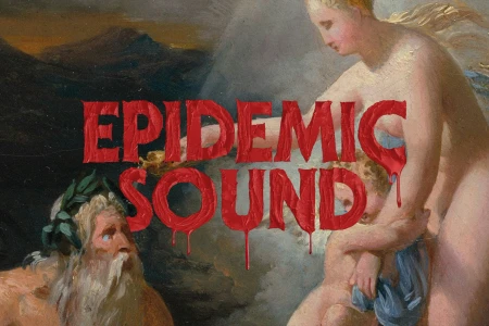 Classical painting featuring figures in a landscape with bold red tactile typography overlay reading Epidemic Sound