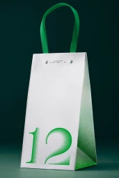 White paper bag with green handles and large green number 12 printed on the side against a dark background.