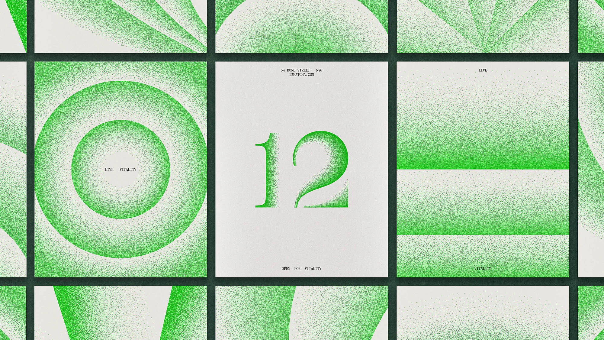 Abstract geometric shapes in shades of light green and white, forming a tiled grid with a modern, minimalist design aesthetic.