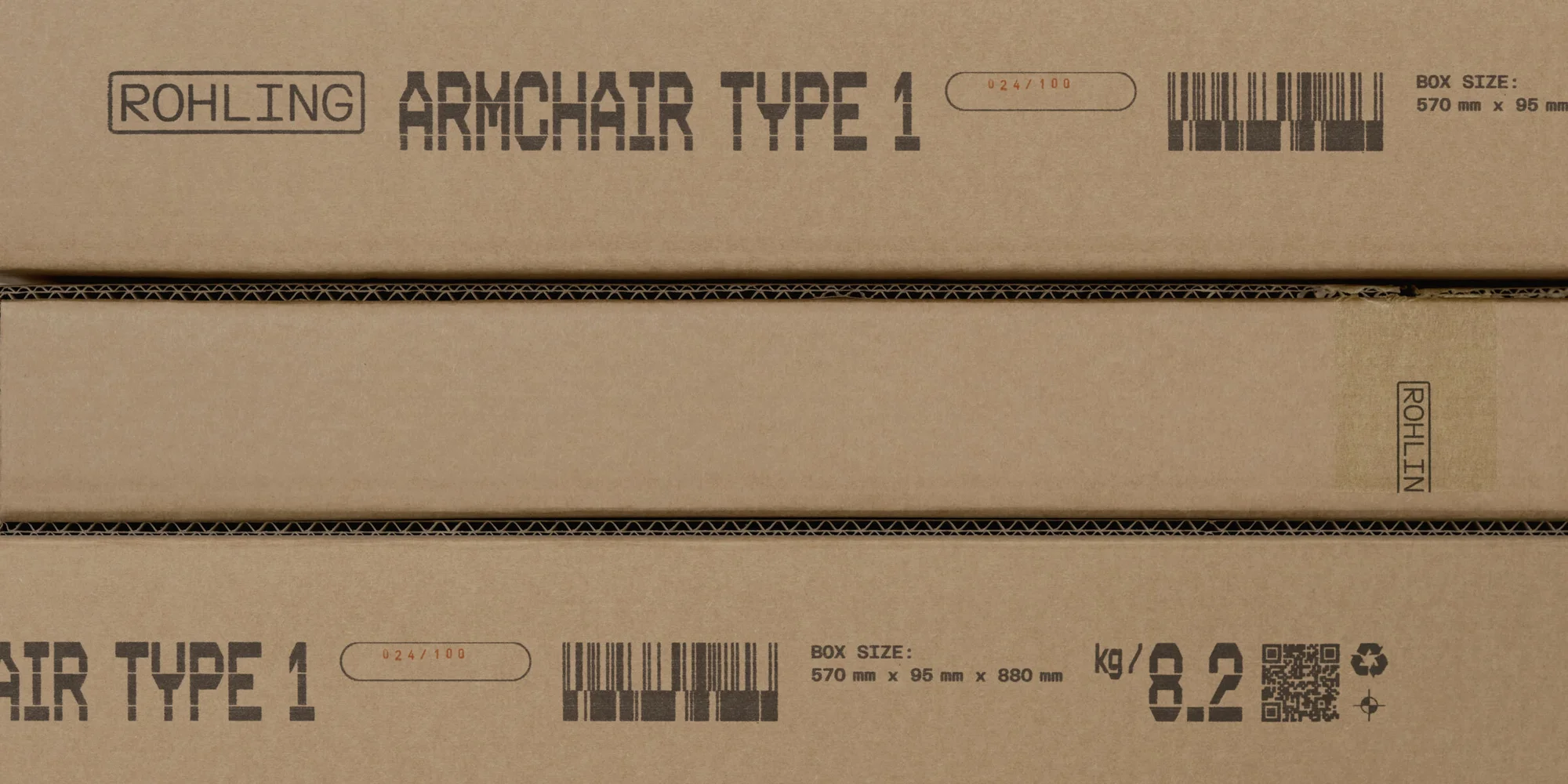 Close-up shot of stacked cardboard boxes with 'Rohling Armchair Type 1' printed on the box. Shows product and packaging details.