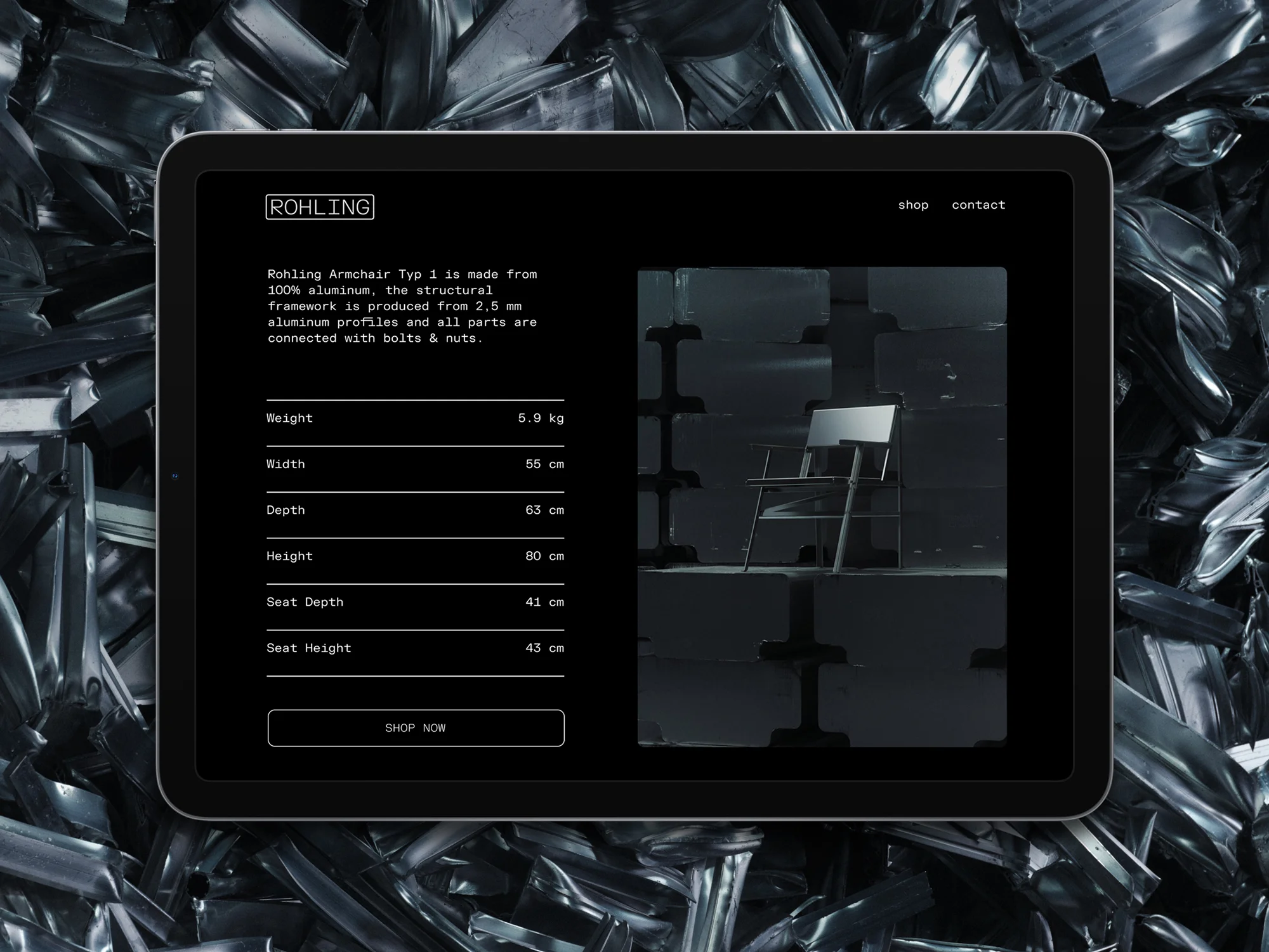 Product shot on a tablet screen displays the Rohling Armchair Typ 1 made from aluminum, surrounded by crushed aluminum metal pieces.