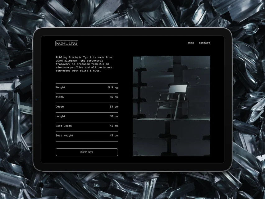 Product shot on a tablet screen displays the Rohling Armchair Typ 1 made from aluminum, surrounded by crushed aluminum metal pieces.