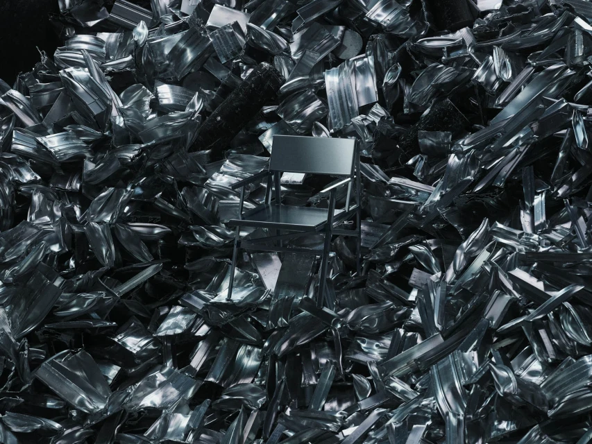 Elevated view of a chair surrounded by crushed silver metal sheeting and metal fragments, studio lighting, metallic reflections.