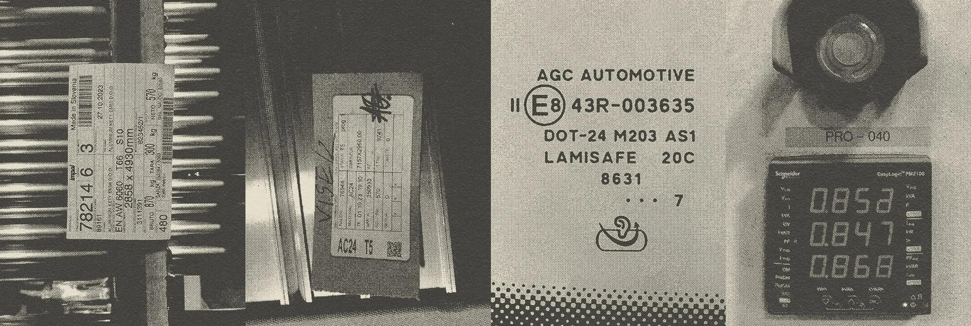 Close-up of manufacturing labels on metal, featuring product codes, dimensions, and regulatory information for industrial tracking and inventory.
