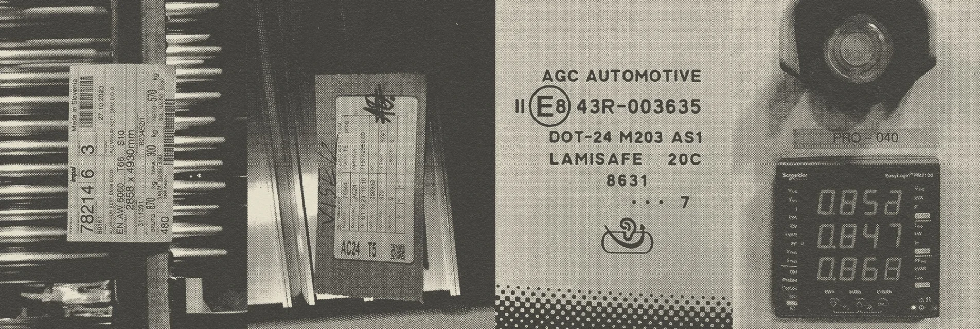 Close-up of manufacturing labels on metal, featuring product codes, dimensions, and regulatory information for industrial tracking and inventory.