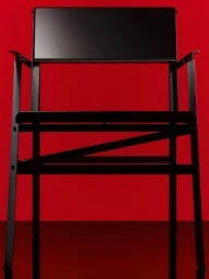 A black modern chair with clean geometric lines positioned against a vibrant solid red background with a glossy surface.