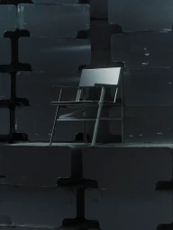 A modern metallic chair positioned against a dark stack of industrial metal beams for the Rohling brand identity.