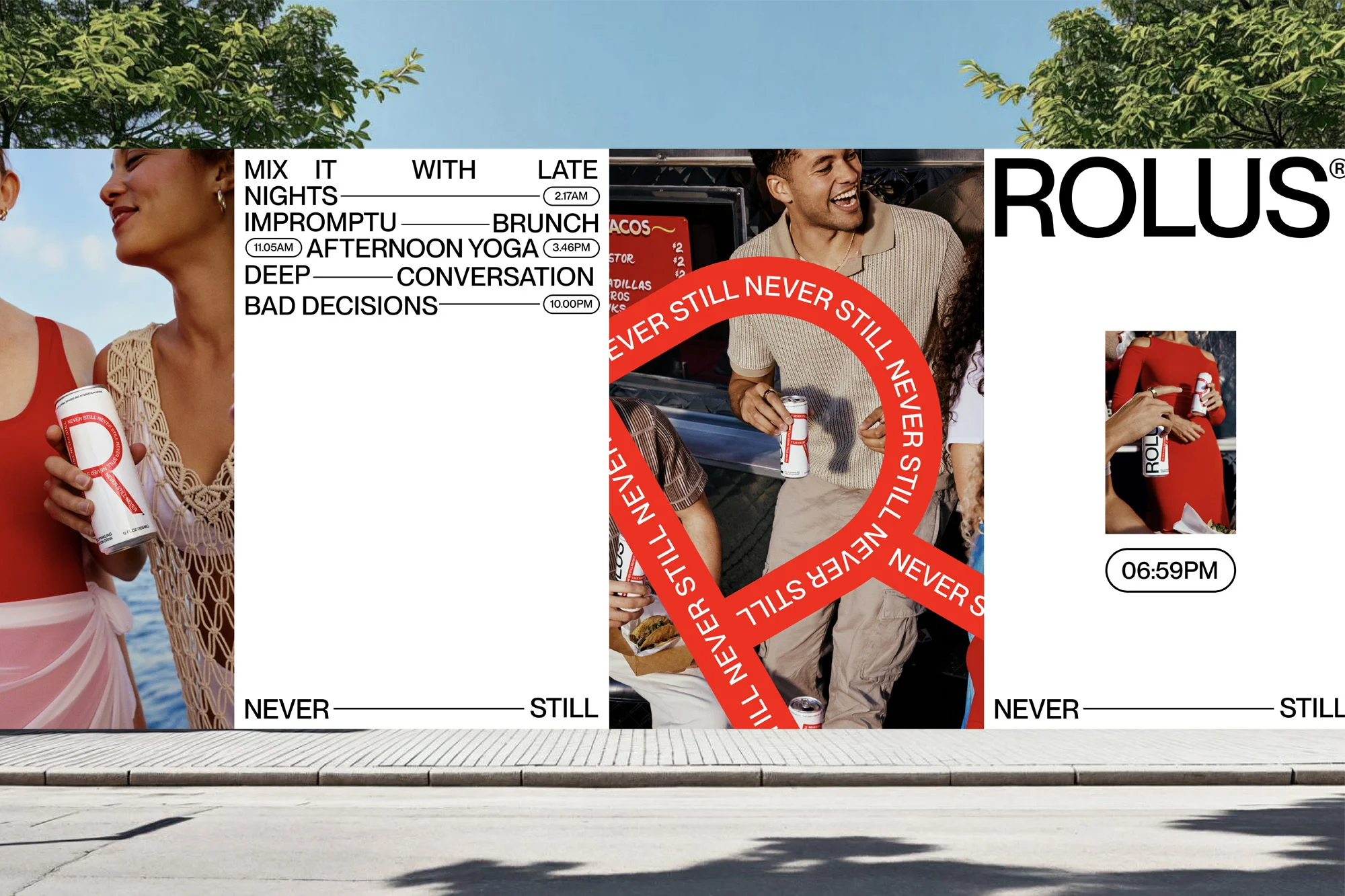 Outdoor advertising featuring a beverage, with two women on one end, a smiling man in the middle, and product details on the other end.