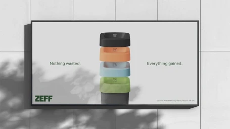 Stacked modular recycling bin display with black, orange, light blue and green sections against a grey wall.