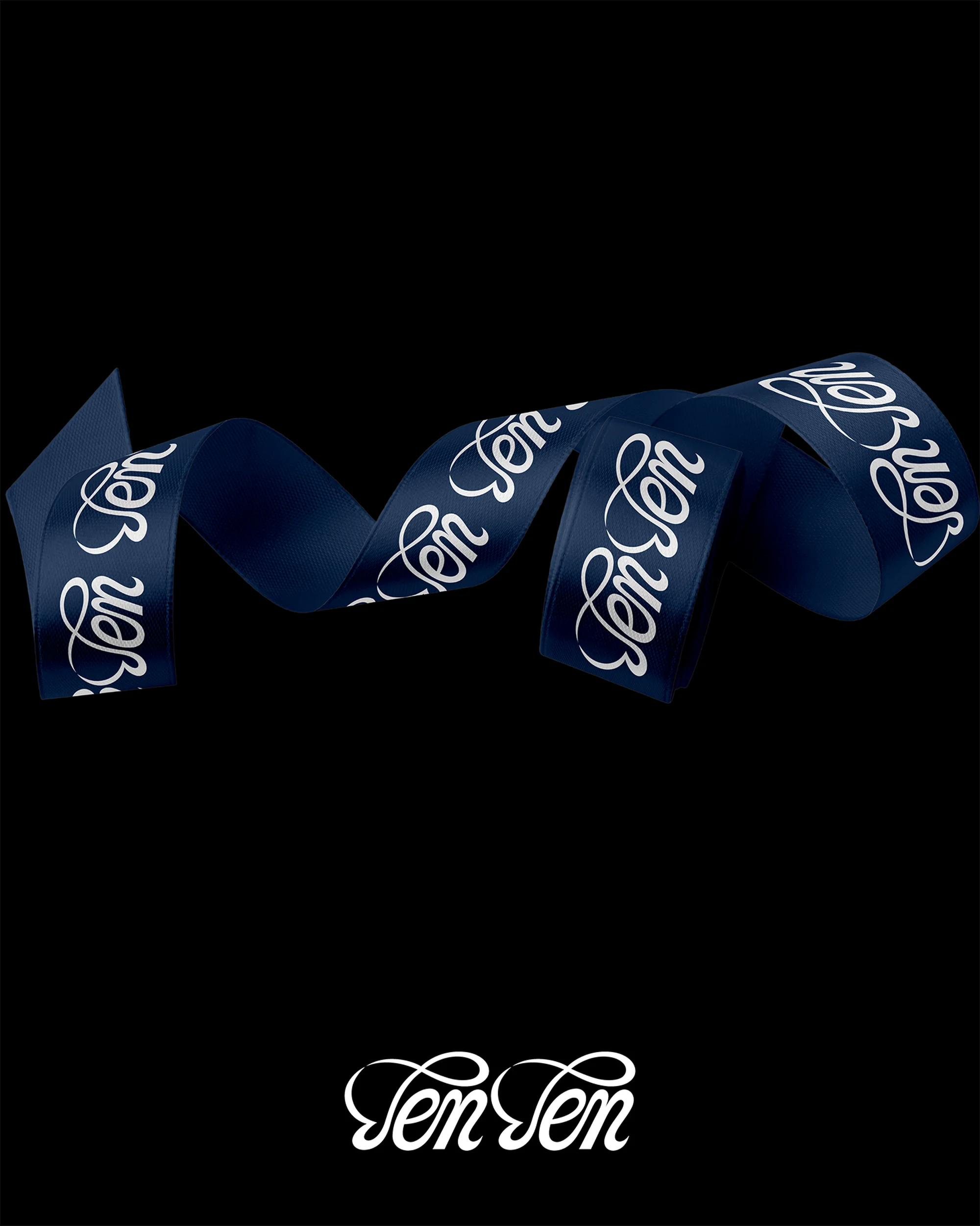 Dark blue ribbon with the name 'Ten Ten' in white cursive writing, isolated on a black background, creating a striking contrast.
