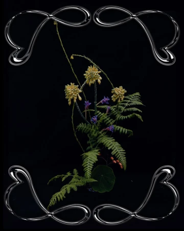 Floral arrangement featuring yellow and purple flowers with green ferns against a black background, framed by silver abstract designs.