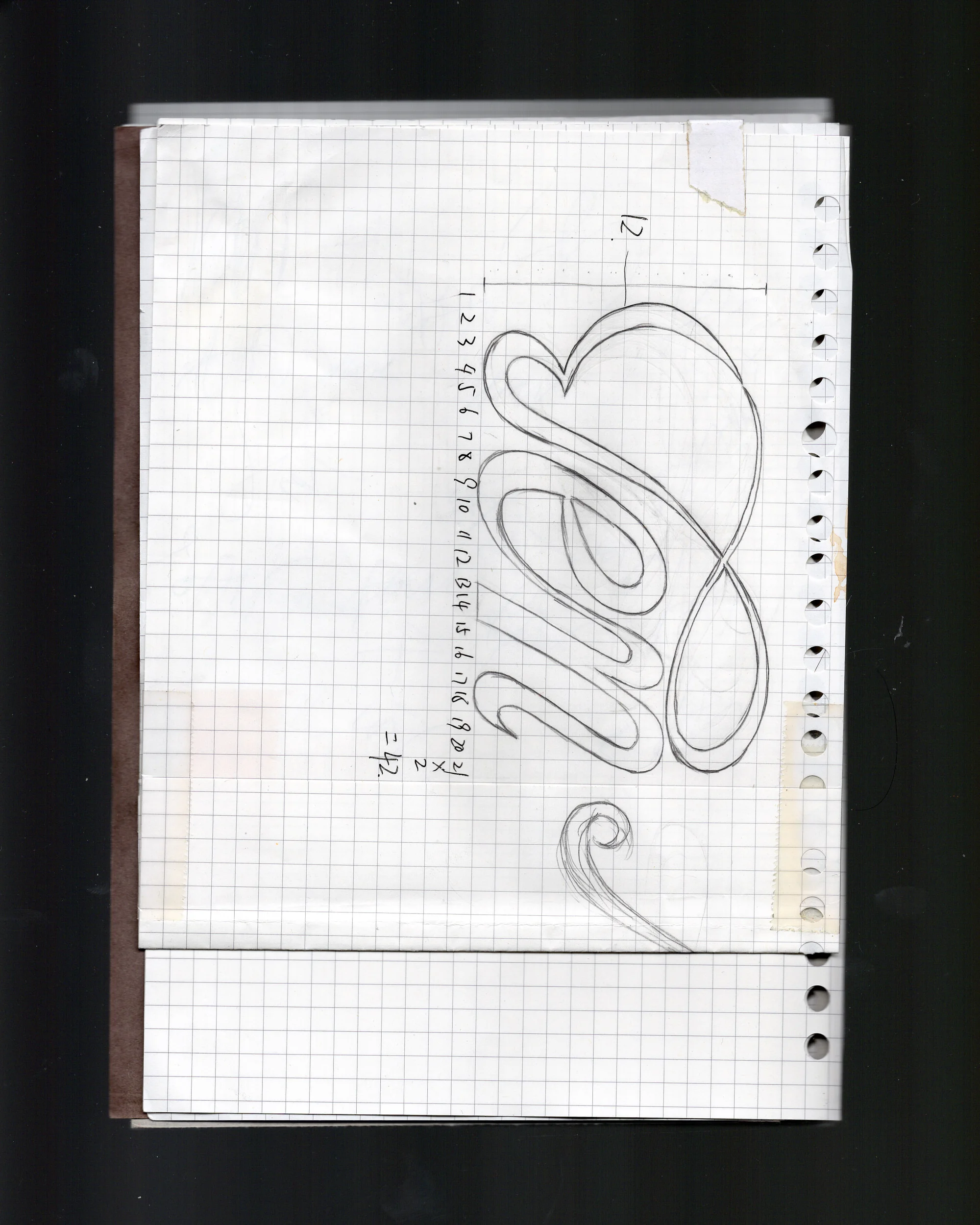 Sketch of stylized word on graph paper in notebook. Conceptual line art with handwritten numbers, drawing of typography on paper.