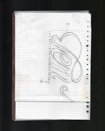 Sketch of stylized word on graph paper in notebook. Conceptual line art with handwritten numbers, drawing of typography on paper.