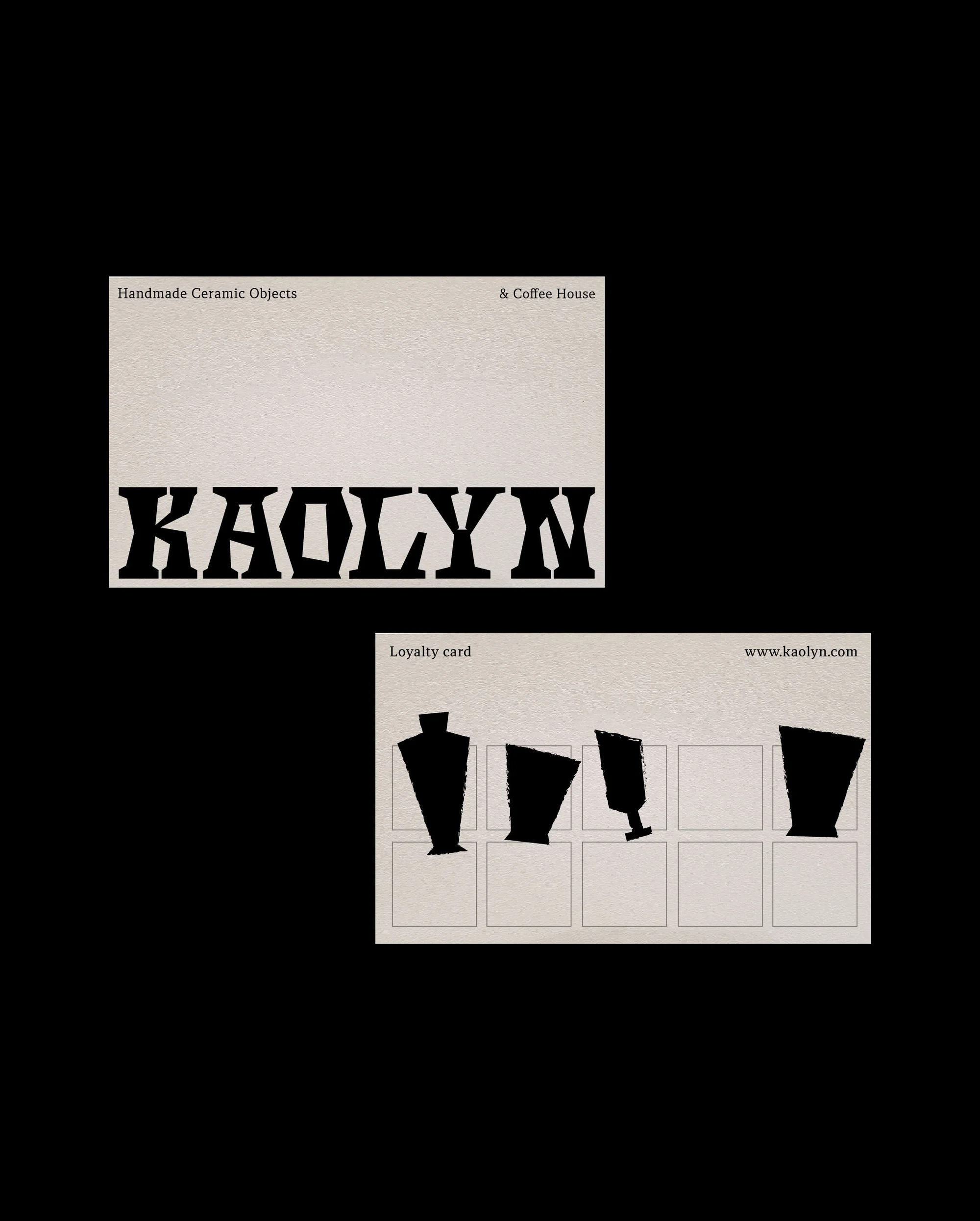 Business cards feature bold Kaolyn logo, 'Handmade Ceramic Objects & Coffee House', and a loyalty card showcasing ceramic vase silhouettes.